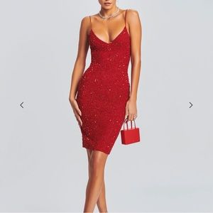 RETROFETE Billie Handmade Red Sequin & Beaded Dress Plunging Neckline Size XS